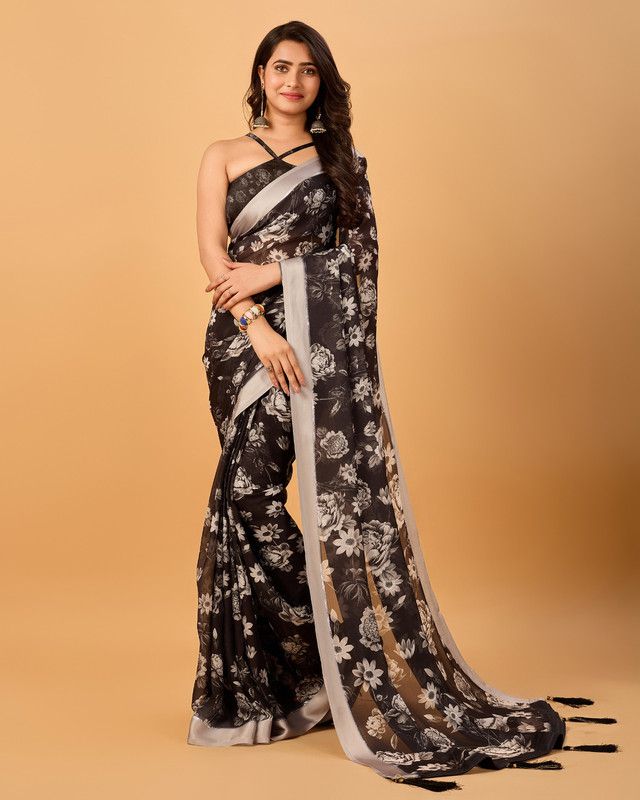     			Sitanjali Organza Printed Saree With Blouse Piece - Black ( Pack of 1 )