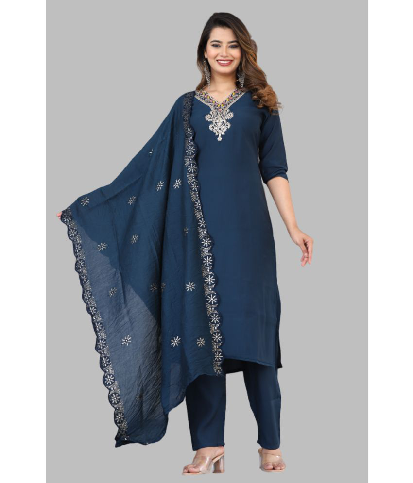     			G4Girl Silk Embroidered Kurti With Pants Women's Stitched Salwar Suit - Blue ( Pack of 1 )