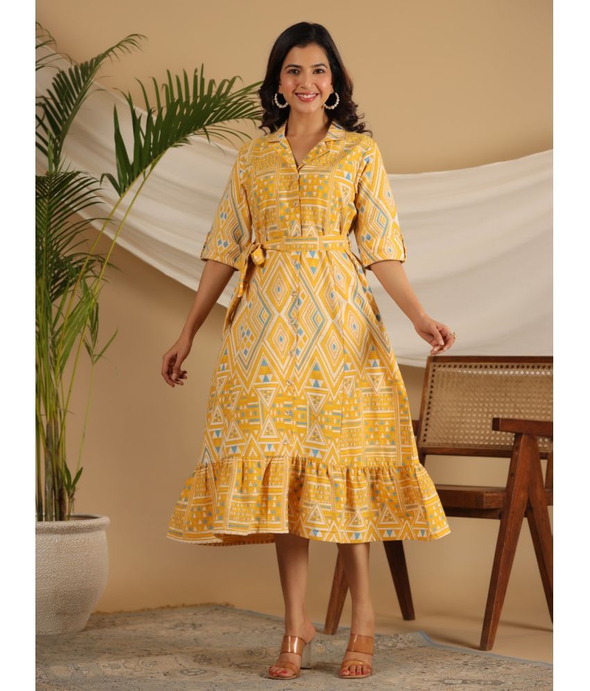     			Juniper Cotton Blend Printed Midi Women's Fit & Flare Dress - Mustard ( Pack of 1 )