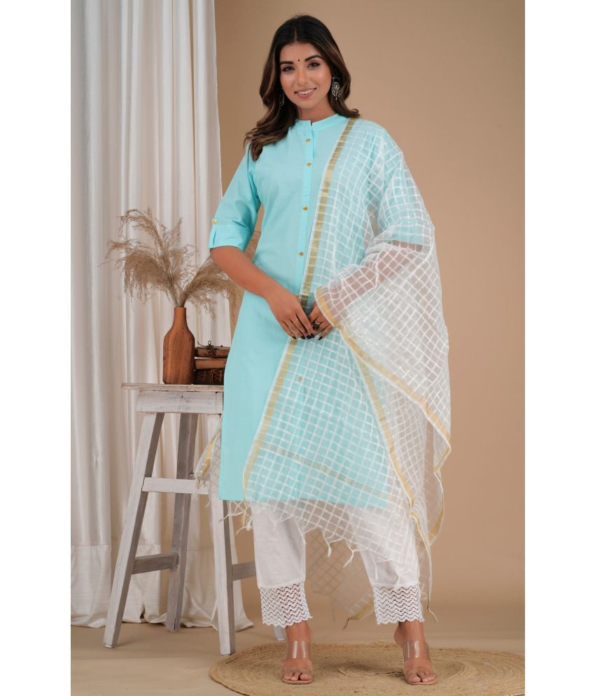     			CANVIR Cotton Solid Kurti With Pants Women's Stitched Salwar Suit - Light Blue ( Pack of 1 )