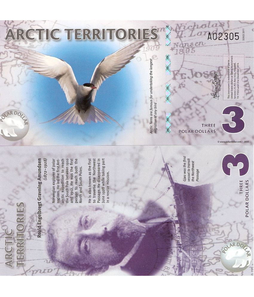     			Extremely Rare Arctic Territories 3 Polar Dollars Polymer Fantasy Note Top Grade Gem UNC