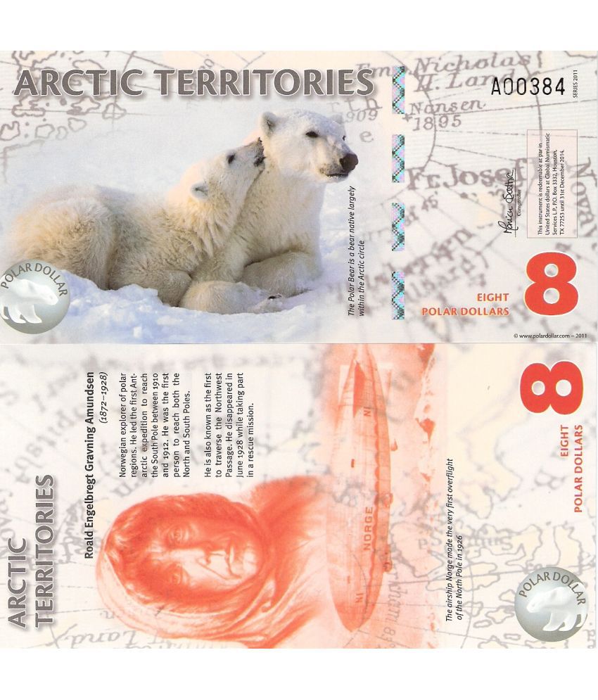     			Extremely Rare Arctic Territories 8 Polar Dollars Polymer Fantasy Note Top Grade Gem UNC