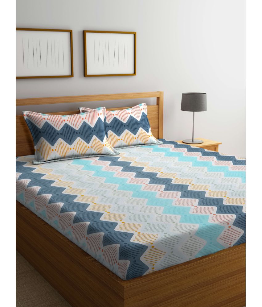     			FABINALIV Poly Cotton Colorblock 1 Double King Size Bedsheet with 2 Pillow Covers - Blue