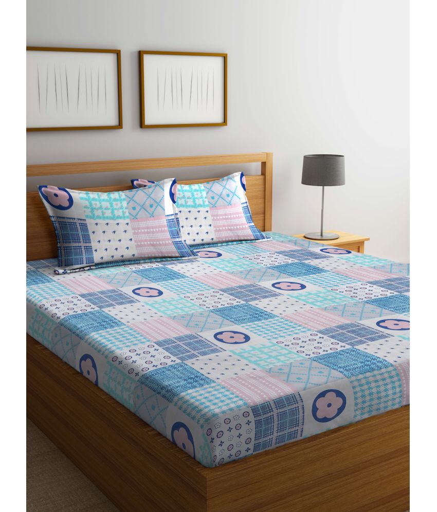    			FABINALIV Poly Cotton Ethnic 1 Double King Size Bedsheet with 2 Pillow Covers - Blue