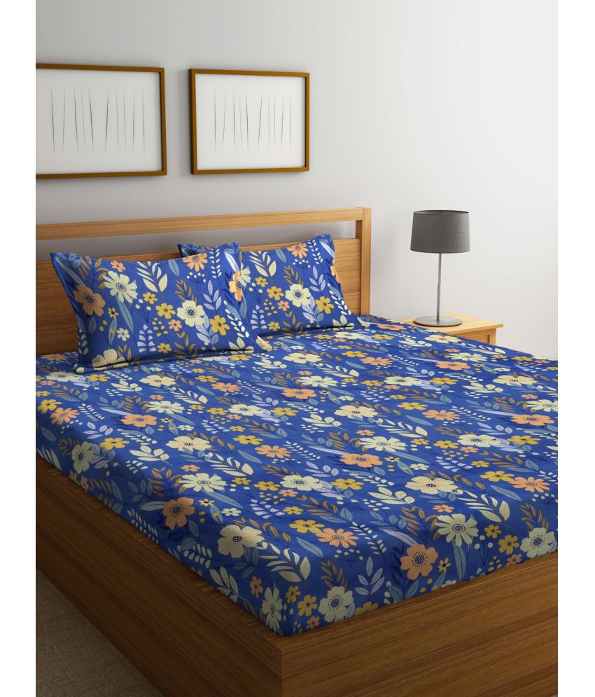     			FABINALIV Poly Cotton Floral 1 Double King Size Bedsheet with 2 Pillow Covers - Blue