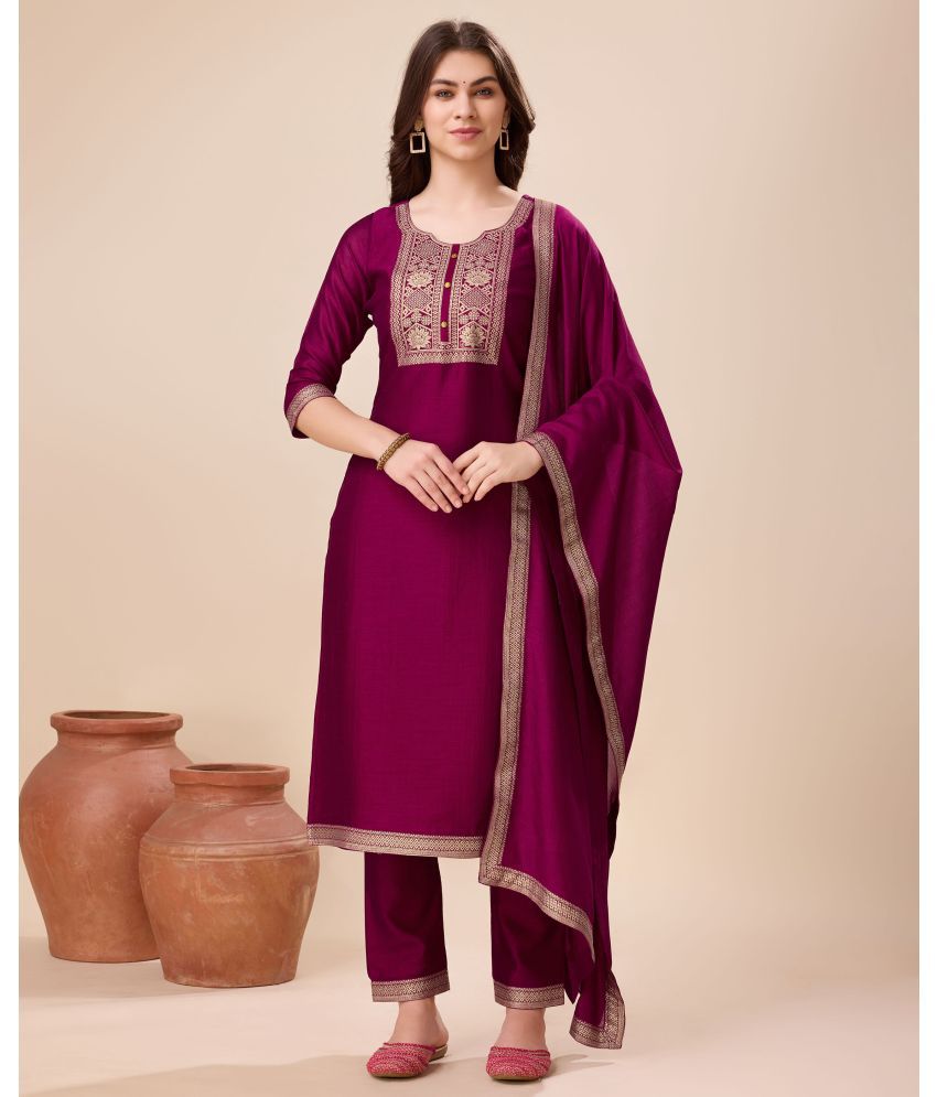     			MOJILAA Silk Self Design Kurti With Pants Women's Stitched Salwar Suit - Burgundy ( Pack of 1 )