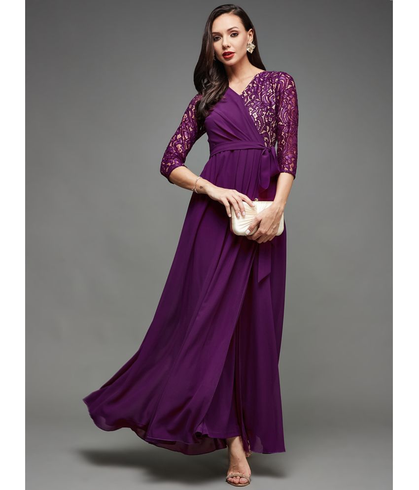     			Miss Chase Georgette Self Design Full Length Women's Wrap Dress - Purple ( Pack of 1 )