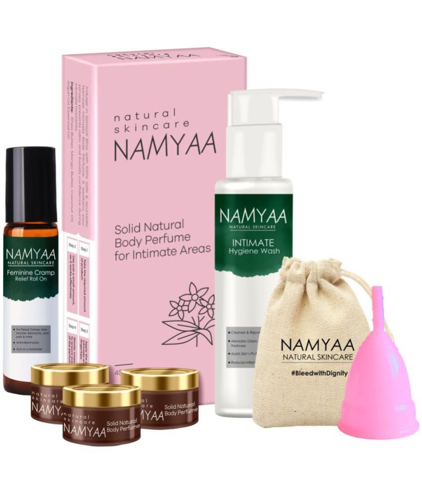     			Namyaa Period Care Kit- Feminine Cramp Roll on, Intimate wash, Solid Body Perfumes, Menstrual  (Large) Cup