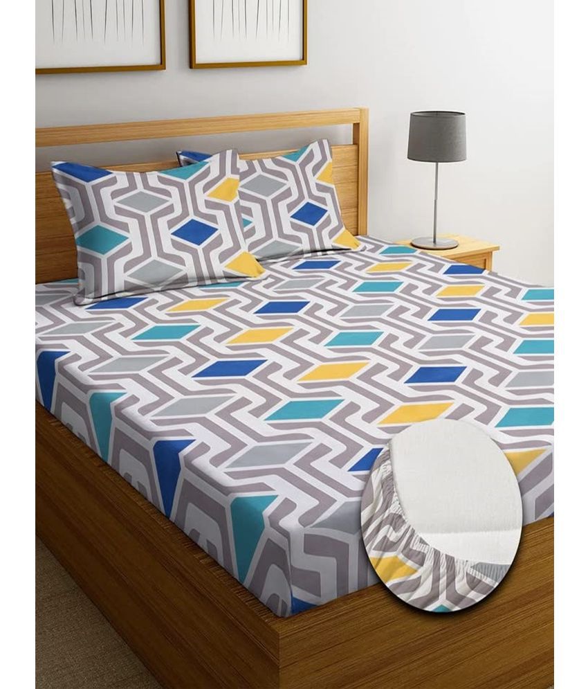     			SHOMES Cotton Geometric Fitted 1 Bedsheet with 2 Pillow Covers ( Double Bed ) - Multi