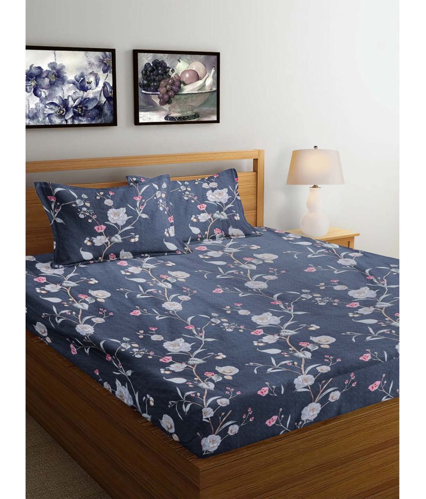     			FABINALIV Poly Cotton Floral 1 Double King Size Bedsheet with 2 Pillow Covers - Navy Blue