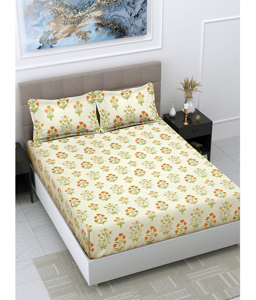     			FABINALIV Poly Cotton Floral 1 Double King Size Bedsheet with 2 Pillow Covers - Cream