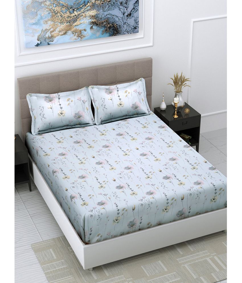     			FABINALIV Poly Cotton Floral 1 Double King Size Bedsheet with 2 Pillow Covers - Sky Blue