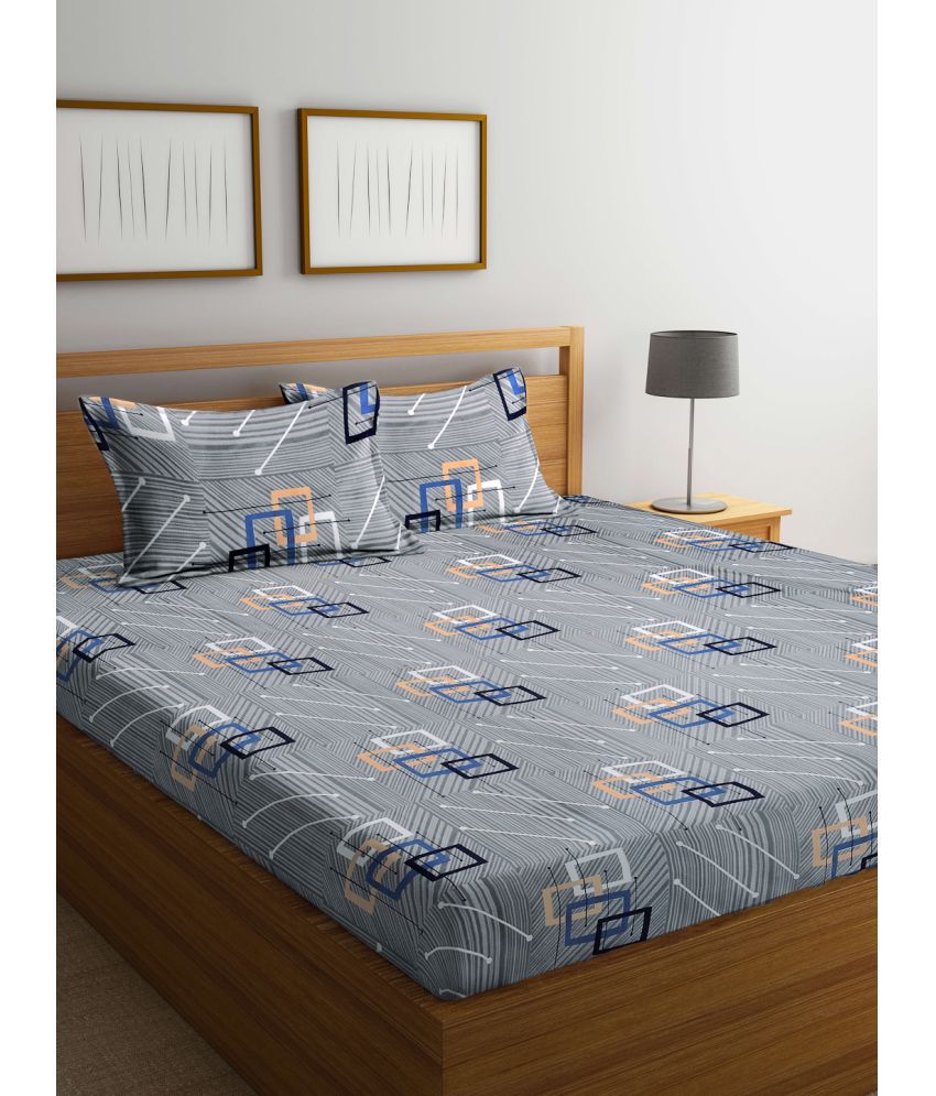     			FABINALIV Poly Cotton Geometric 1 Double King Size Bedsheet with 2 Pillow Covers - Gray