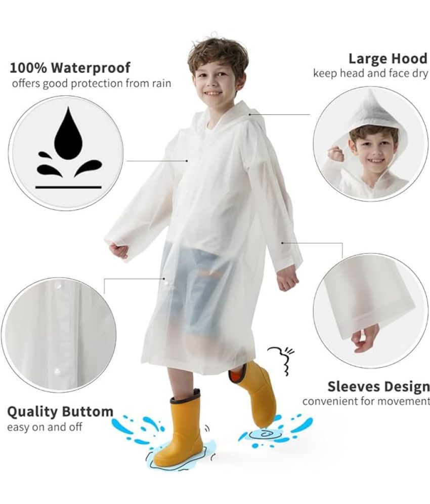     			INFISPACE Kid's Reusable EVA Rain Poncho Raincoat| Rain Jackets Long with Hood Eva Boys White Color Raincoat pack of 1-14 - 15 Years