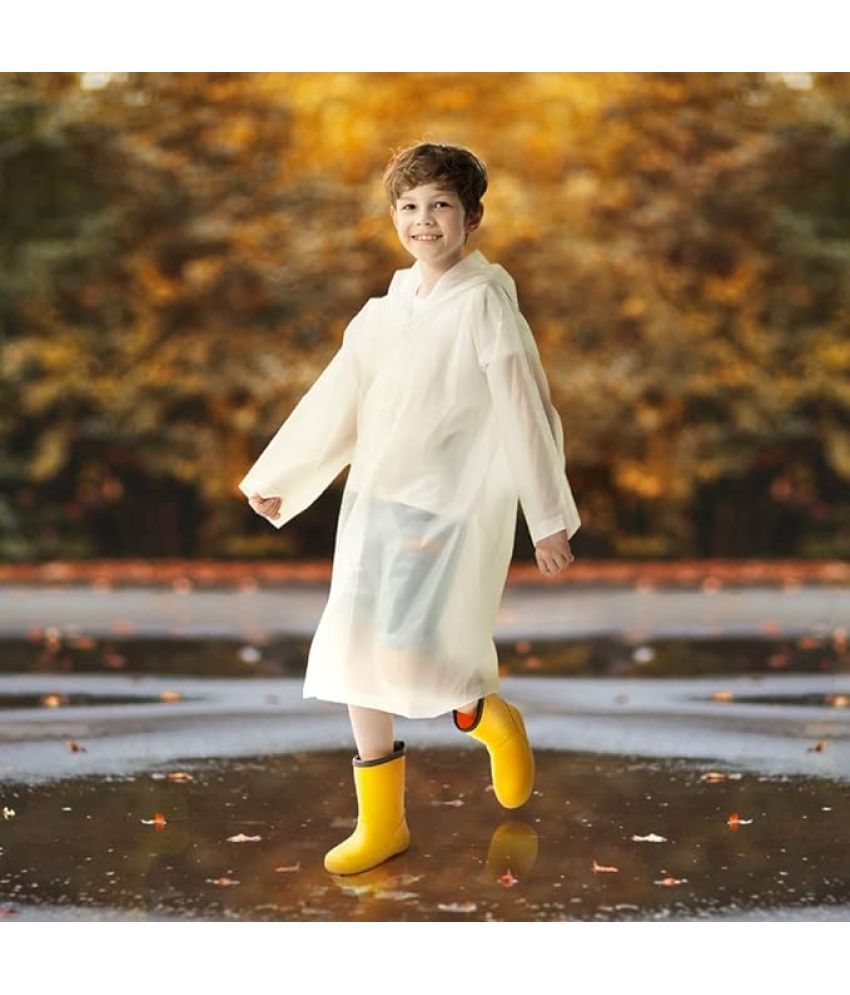     			INFISPACE Kid's Reusable EVA Rain Poncho Raincoat| Rain Jackets Long with Hood Eva Boys White A Color Raincoat pack of 1-14 - 15 Years