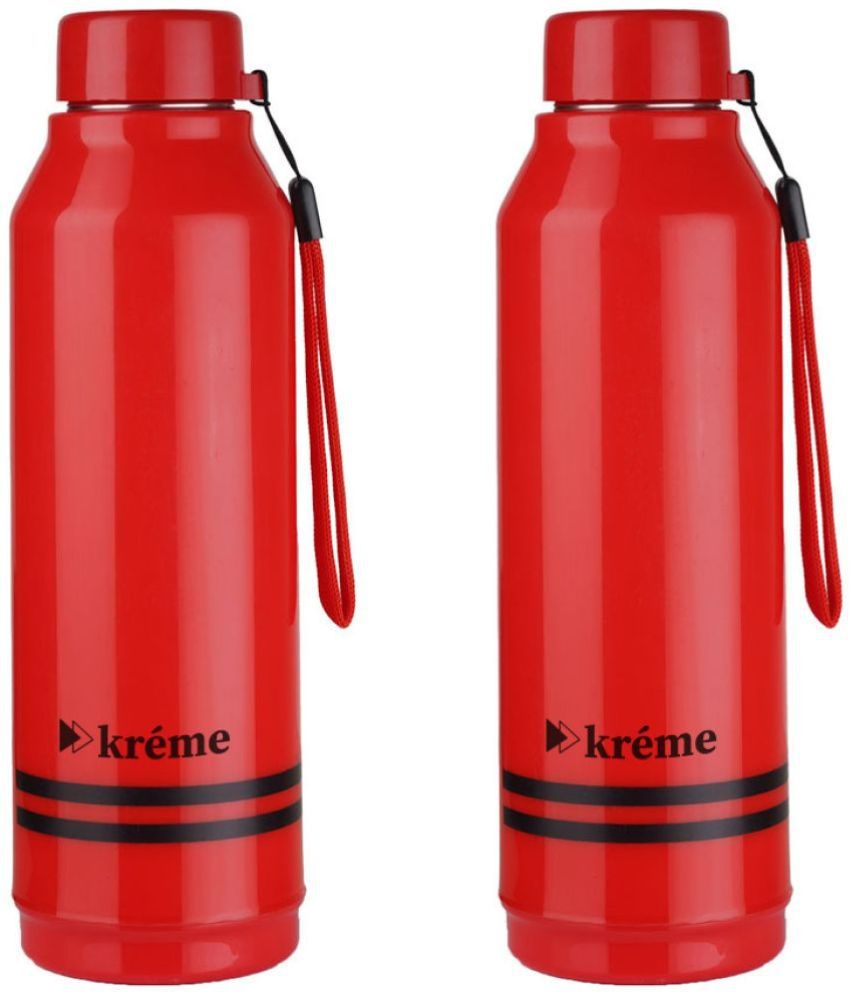     			KREME Kreme 750 ml Bottle (Pack of 2, Red, Steel) Red Steel Water Bottle 750 mL ( Set of 2 )