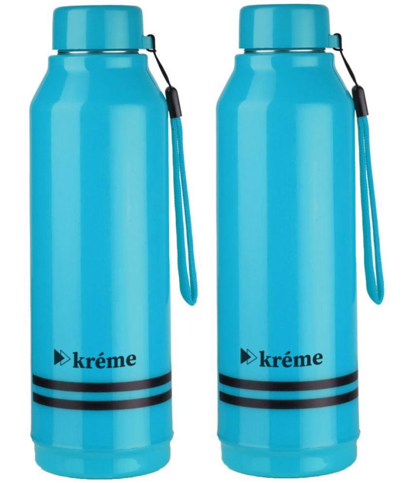     			KREME Kreme 750 ml Bottle  (Pack of 2, Blue, Steel) Blue Steel Water Bottle 750 mL ( Set of 2 )