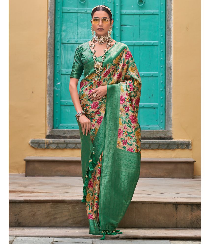     			Satrani Art Silk Printed Saree With Blouse Piece - Sea Green ( Pack of 1 )
