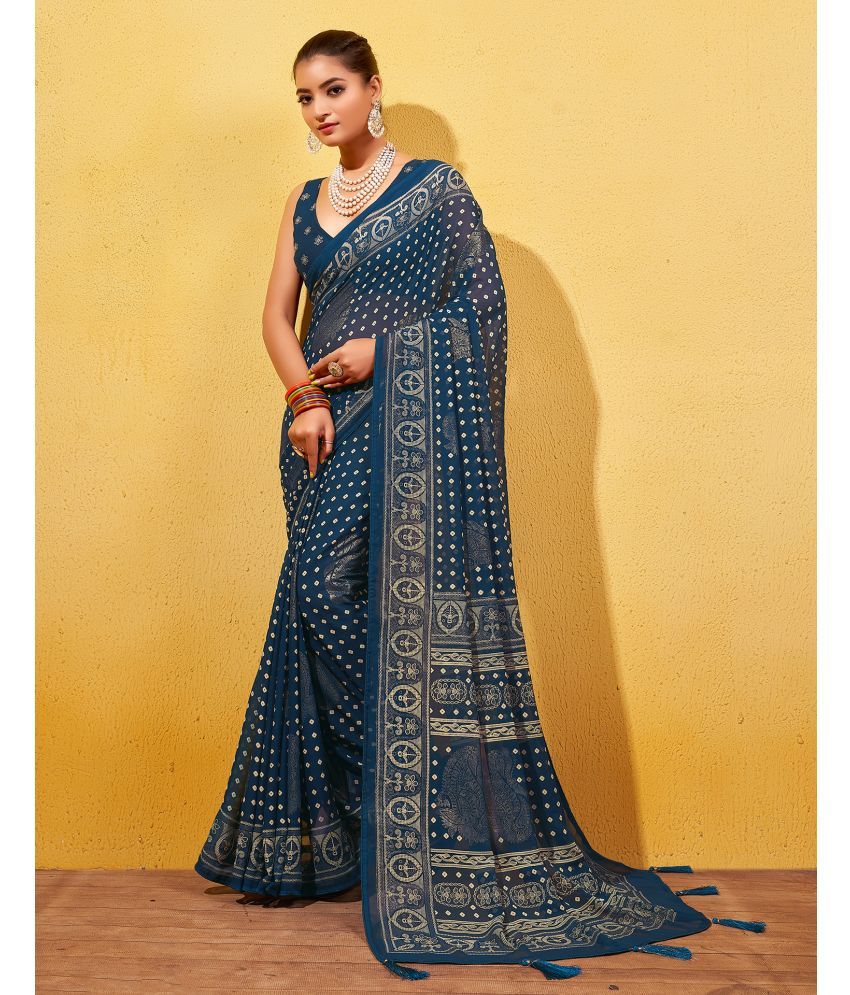     			Satrani Georgette Printed Saree With Blouse Piece - Navy Blue ( Pack of 1 )