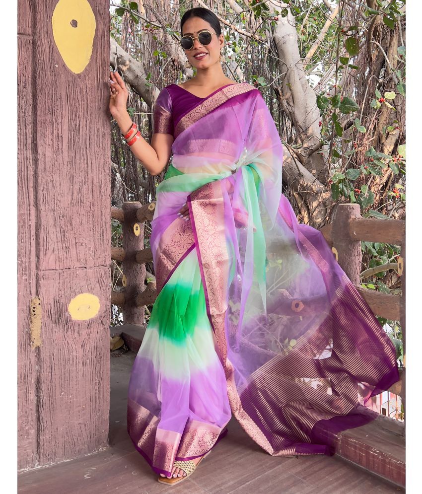     			Satrani Organza Dyed Saree With Blouse Piece - Purple ( Pack of 1 )