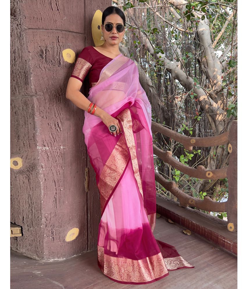     			Satrani Organza Dyed Saree With Blouse Piece - Wine ( Pack of 1 )