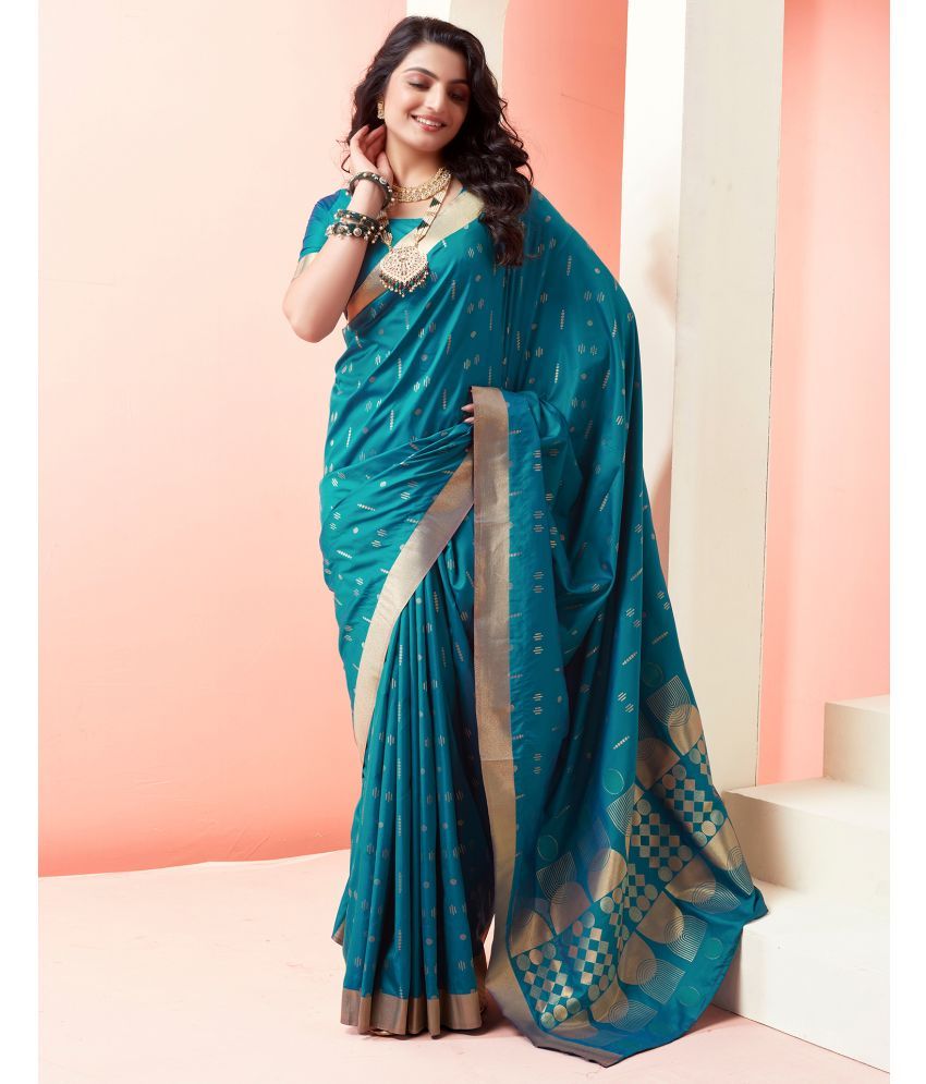     			Satrani Silk Embellished Saree With Blouse Piece - Teal ( Pack of 1 )