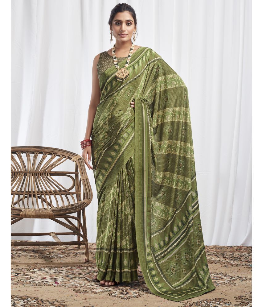     			Satrani Silk Printed Saree With Blouse Piece - Olive ( Pack of 1 )