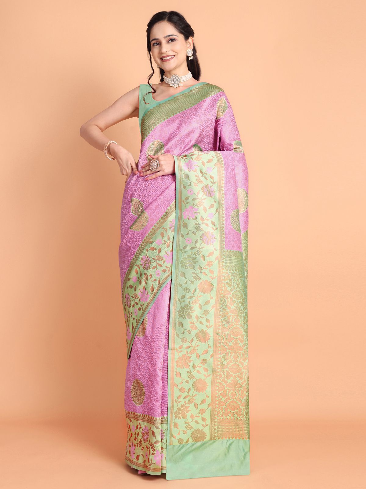     			Taslar Silk Blend Embellished Saree With Blouse Piece - Pink ( Pack of 1 )