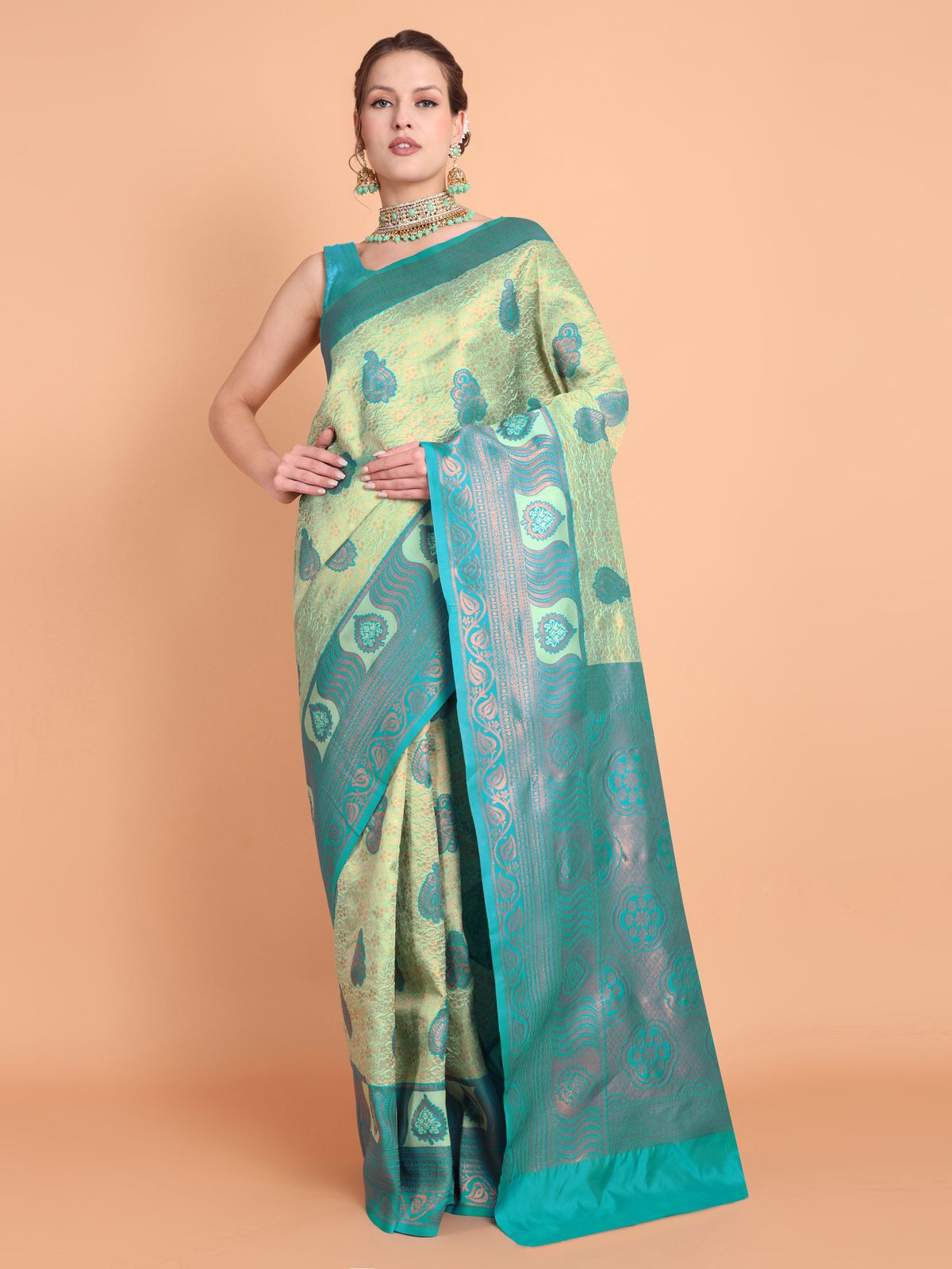     			Taslar Silk Blend Embellished Saree With Blouse Piece - Sea Green ( Pack of 1 )