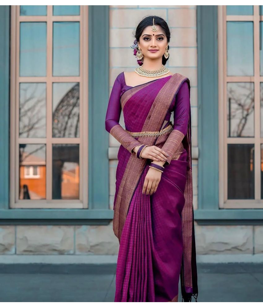     			ANJANEYA SAREE Banarasi Silk Woven Saree With Blouse Piece - Purple ( Pack of 1 )