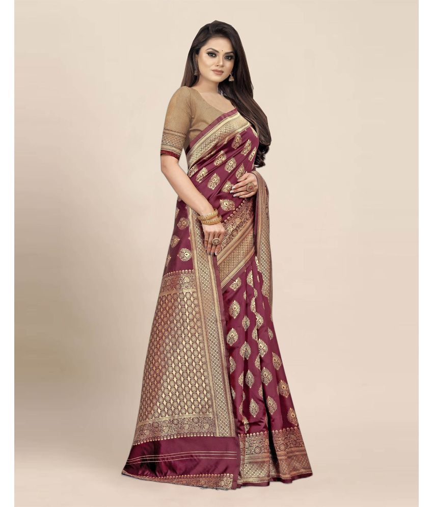     			Anjaneya Sarees Banarasi Silk Woven Saree With Blouse Piece - Maroon ( Pack of 1 )