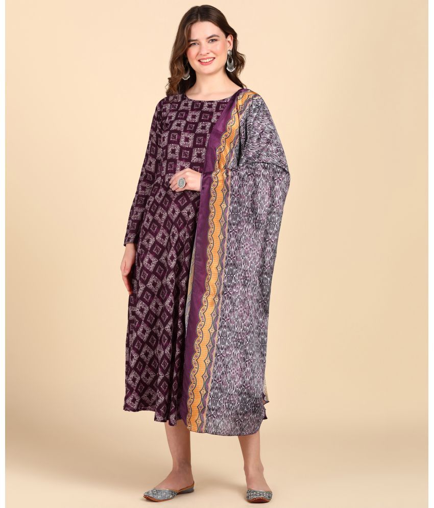     			DSK STUDIO Cotton Blend Printed Anarkali Women's Kurti with Dupatta - Wine ( Pack of 1 )