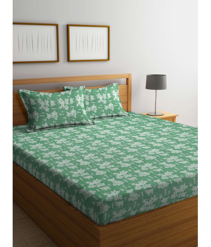     			FABINALIV Cotton Animal 1 Double Bedsheet with 2 Pillow Covers - Green
