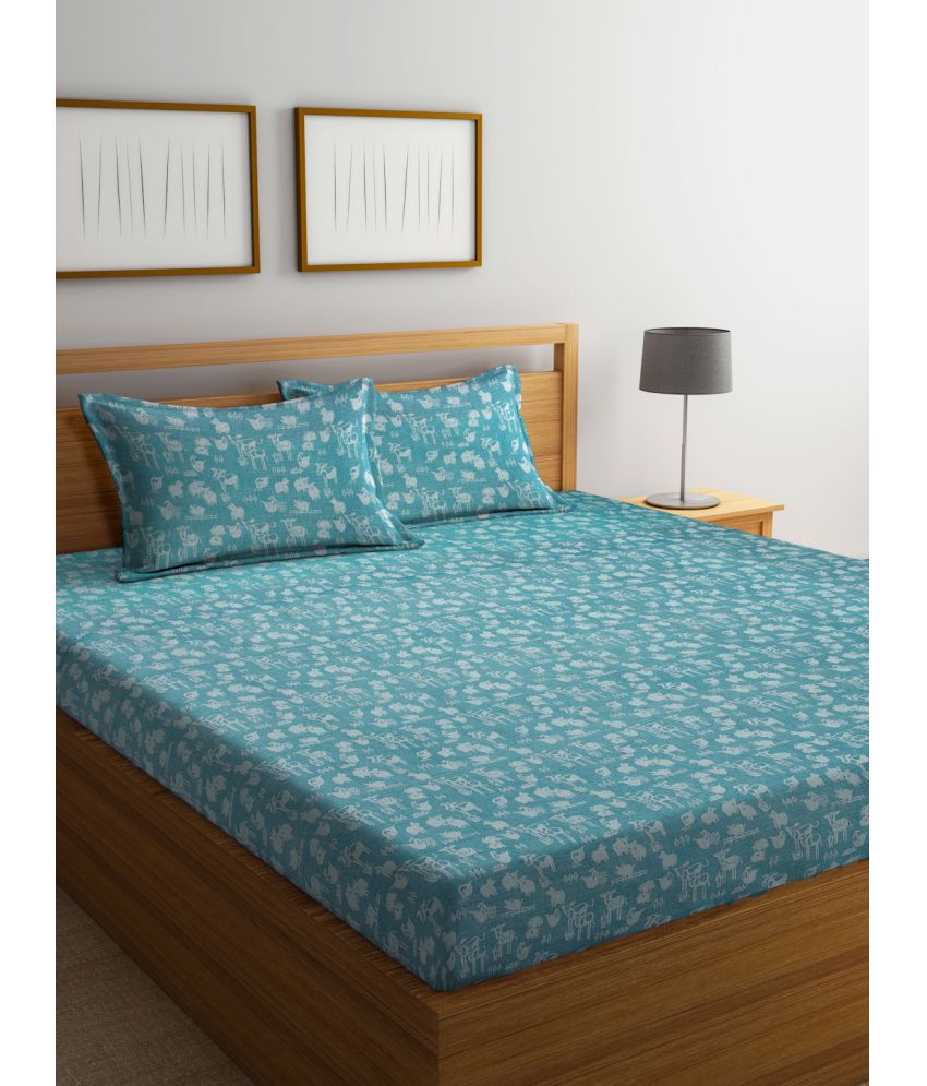     			FABINALIV Cotton Graphic 1 Double Bedsheet with 2 Pillow Covers - Turquoise