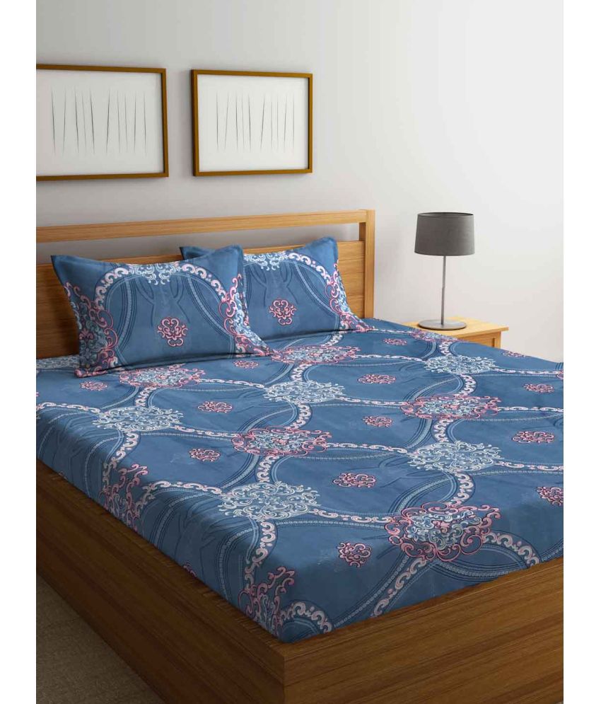     			FABINALIV Poly Cotton Ethnic 1 Double Bedsheet with 2 Pillow Covers - Blue