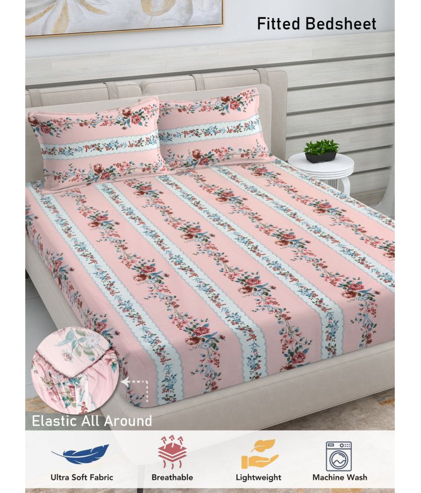     			FABINALIV Poly Cotton Floral Fitted Fitted bedsheet with 2 Pillow Covers ( Double Bed ) - Pink