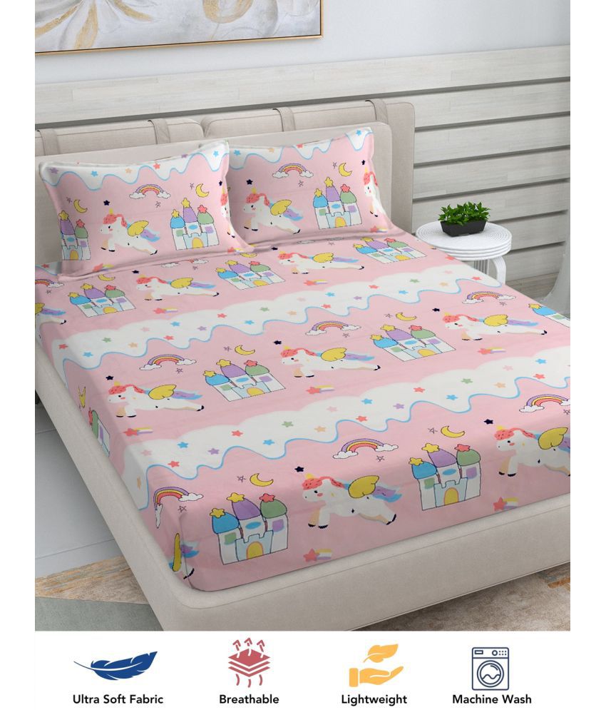     			FABINALIV Poly Cotton Graphic 1 Double Bedsheet with 2 Pillow Covers - Baby Pink