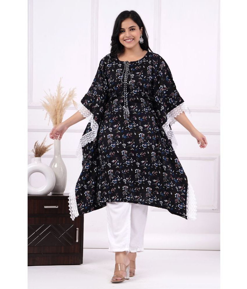     			HF WARD Rayon Printed Kaftan Women's Kurti - Black ( Pack of 1 )