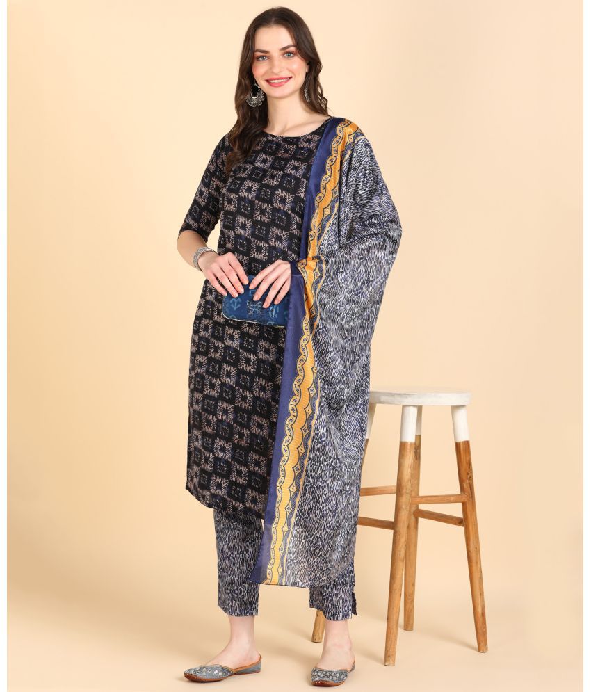     			Hiva Trendz Cotton Blend Printed Kurti With Pants Women's Stitched Salwar Suit - Navy Blue ( Pack of 1 )