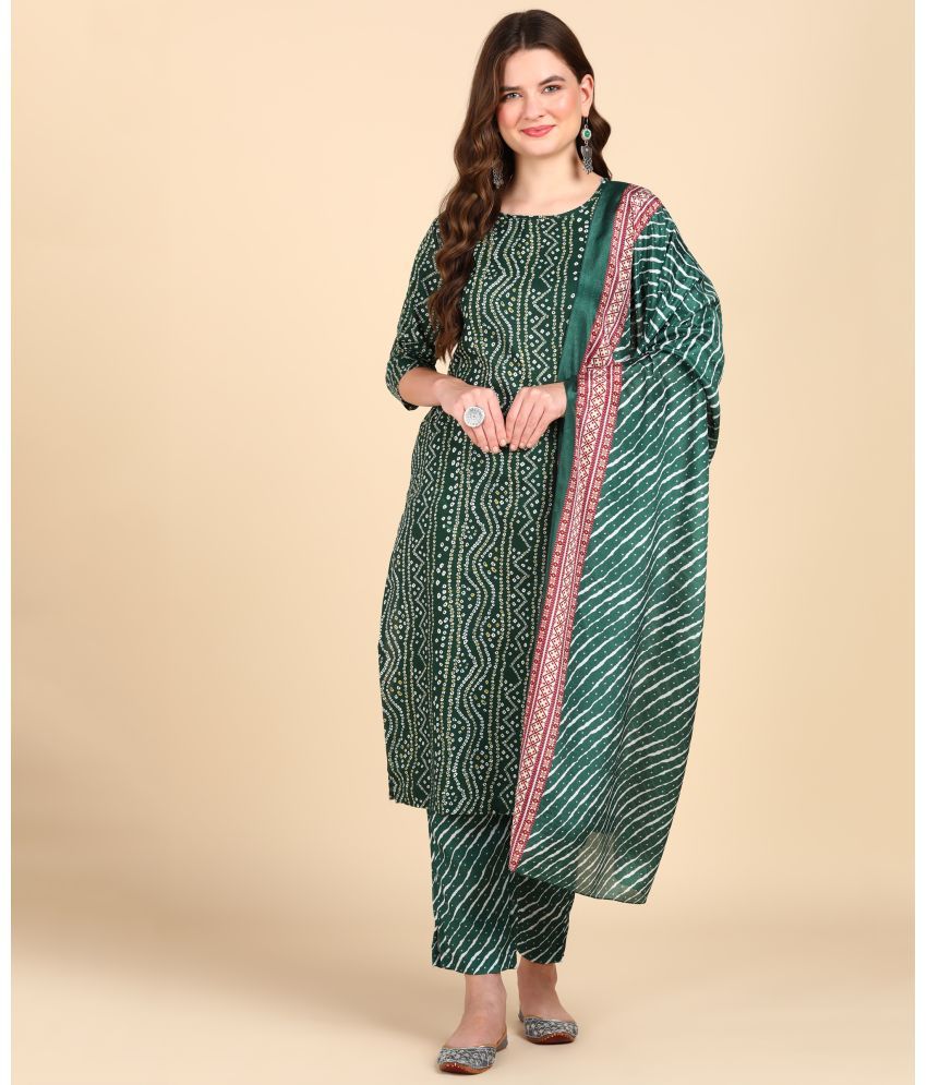     			Hiva Trendz Cotton Blend Printed Kurti With Pants Women's Stitched Salwar Suit - Green ( Pack of 1 )