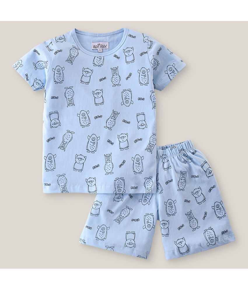     			Nite Flite Boys' Monster Printed 100% Cotton Nightwear | Top and Shorts Set (Off White,10)