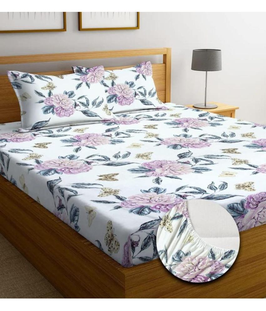     			SHOMES Cotton Floral Fitted 1 Bedsheet with 2 Pillow Covers ( Double Bed ) - Cream