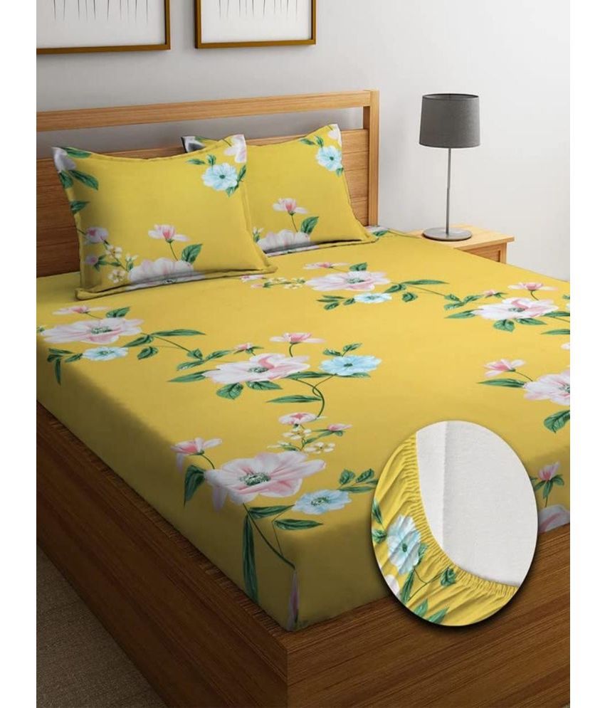     			SHOMES Cotton Floral Fitted 1 Bedsheet with 2 Pillow Covers ( Double Bed ) - Yellow