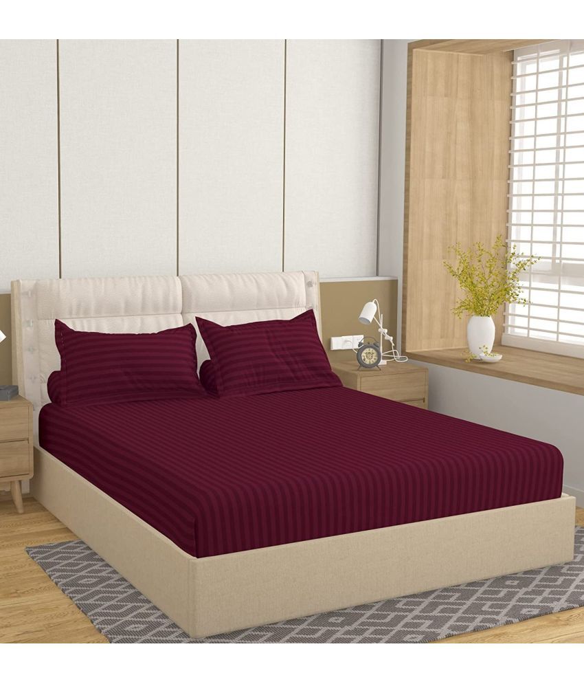     			SHOMES Cotton Vertical Striped Fitted 1 Bedsheet with 2 Pillow Covers ( Double Bed ) - Maroon