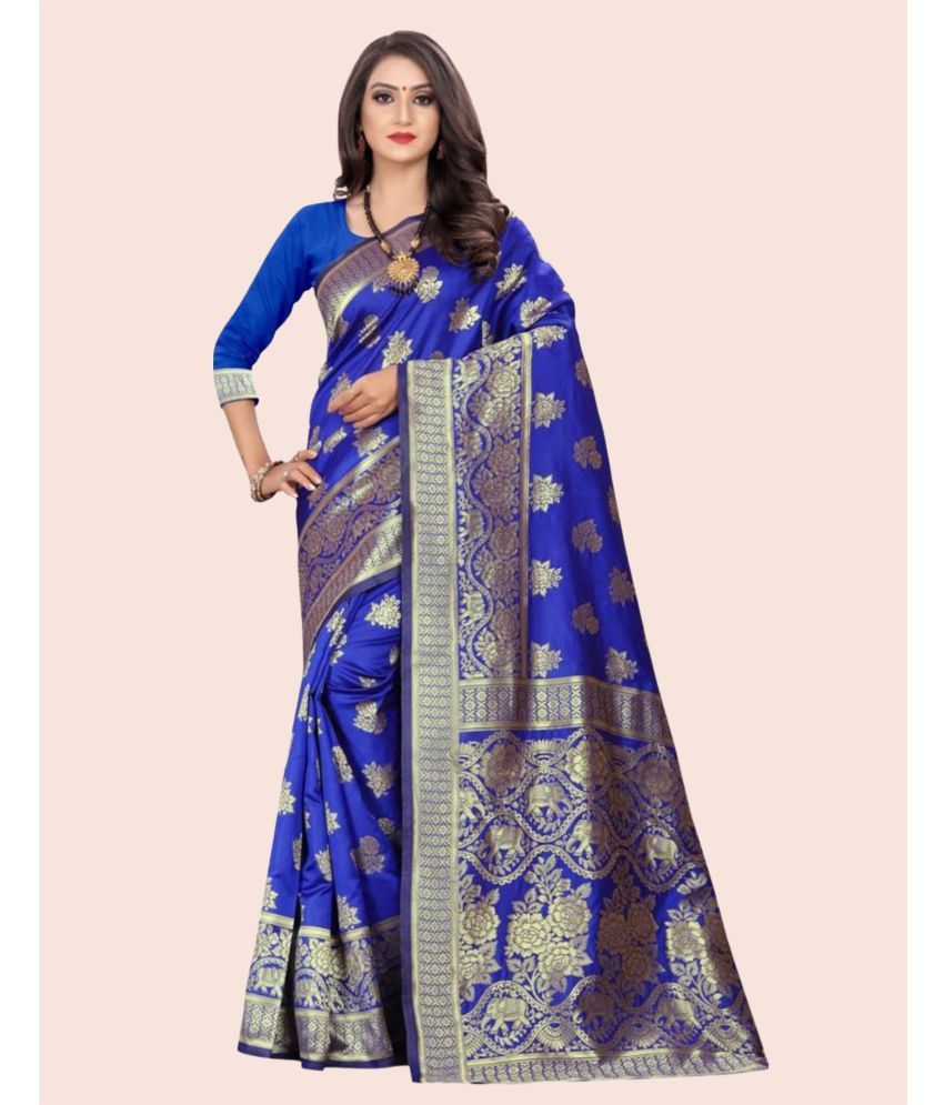     			Samah Art Silk Woven Saree With Blouse Piece - Blue ( Pack of 1 )