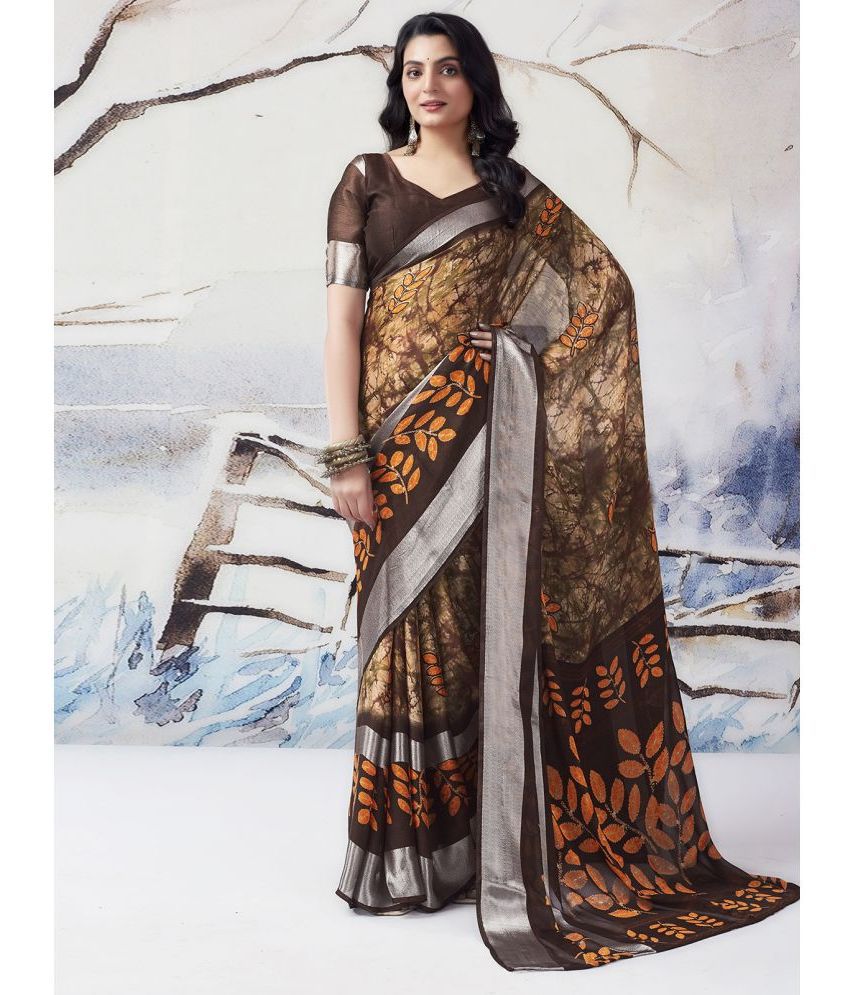     			Samah Chiffon Printed Saree With Blouse Piece - Brown ( Pack of 1 )