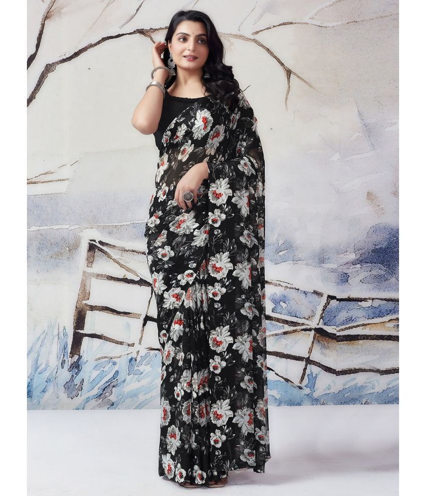     			Samah Georgette Printed Saree With Blouse Piece - Black ( Pack of 1 )