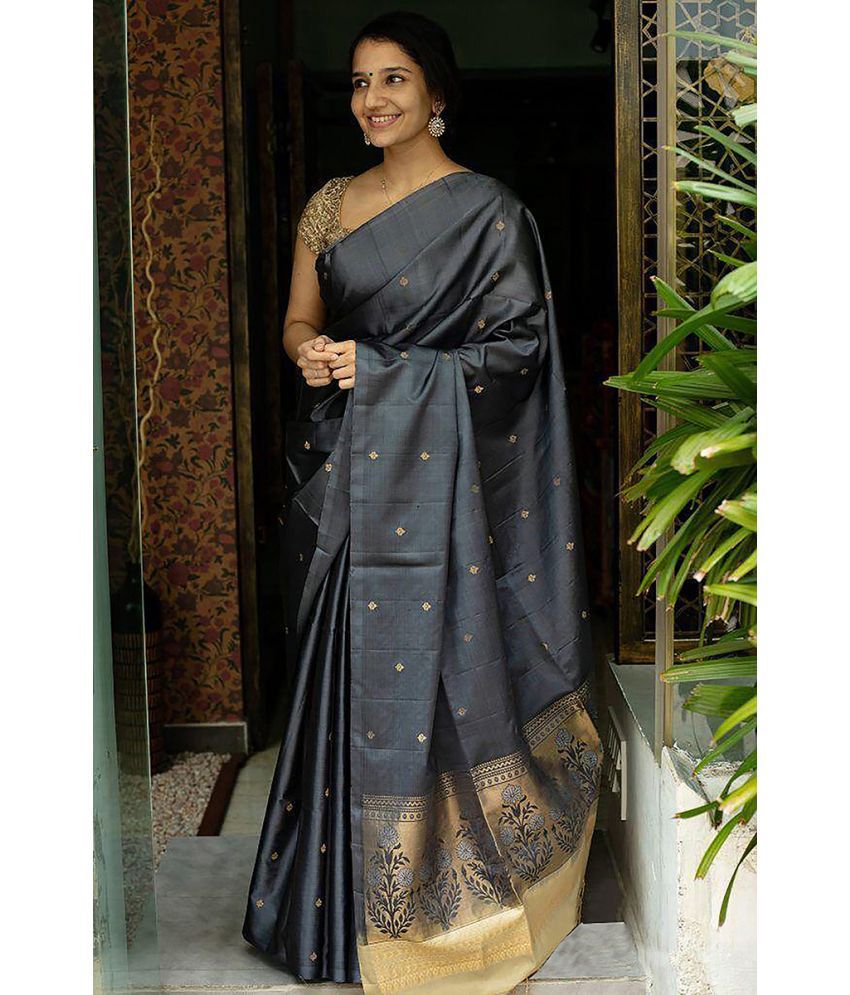     			Anjaneya Sarees Banarasi Silk Woven Saree With Blouse Piece - Grey ( Pack of 1 )