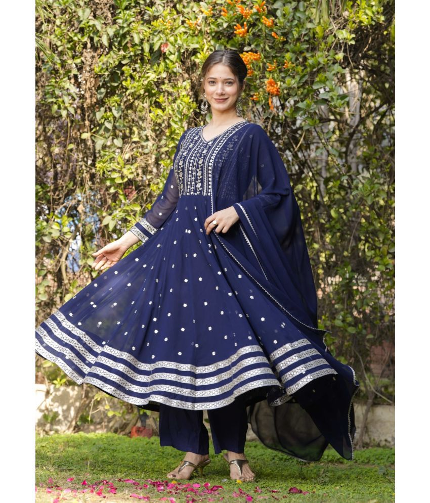     			Estela Georgette Embroidered Kurti With Pants Women's Stitched Salwar Suit - Navy Blue ( Pack of 1 )