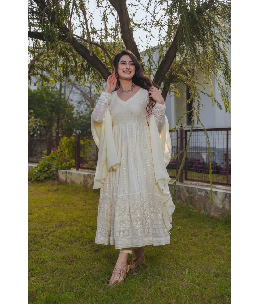     			Estela Georgette Embroidered Kurti With Pants Women's Stitched Salwar Suit - Cream ( Pack of 1 )